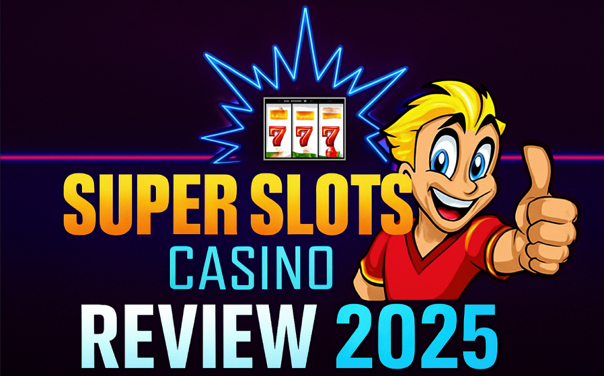 banner for Super Slots Casino Review 2025 featuring neon slot machine graphics and play slots 4 real money mascot giving a thumbs-up
