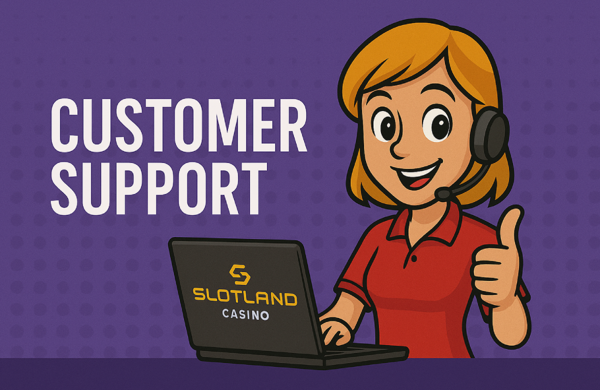 Cartoon woman with headset giving thumbs up next to customer support text and slotland casino laptop.